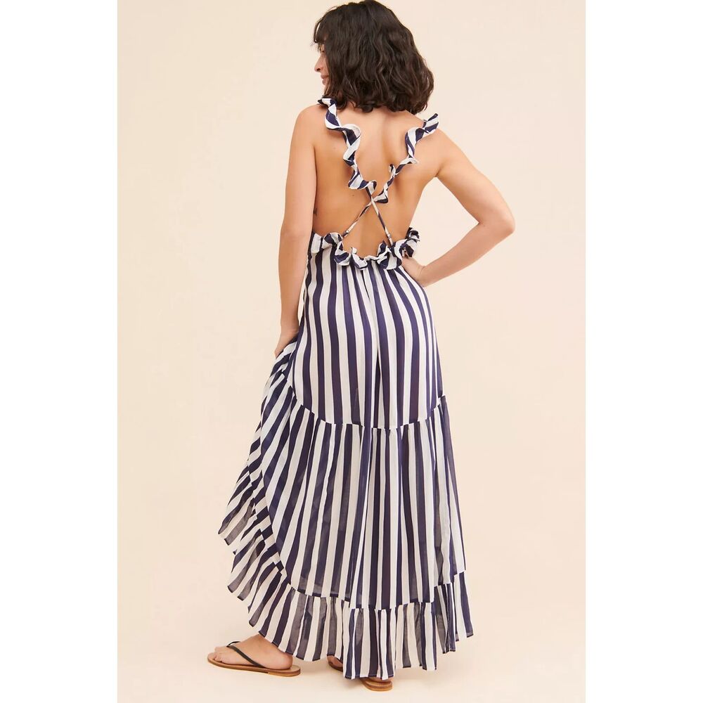 Anthropologie Navy and White Striped Ruffle Strap Maxi Dress size XS NWT